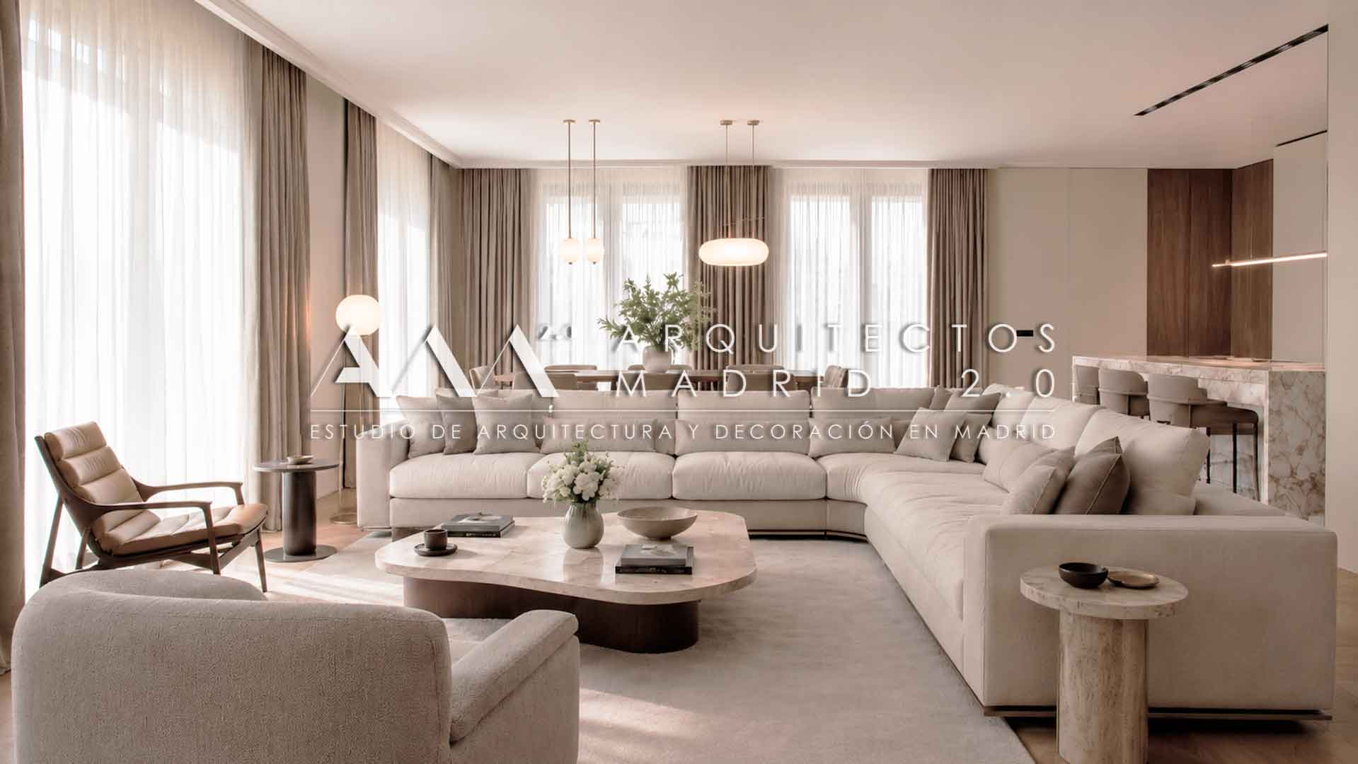 Interiorismo para reforma integral de vivienda en Madrid con salón comedor, cocina abierta y luz natural
