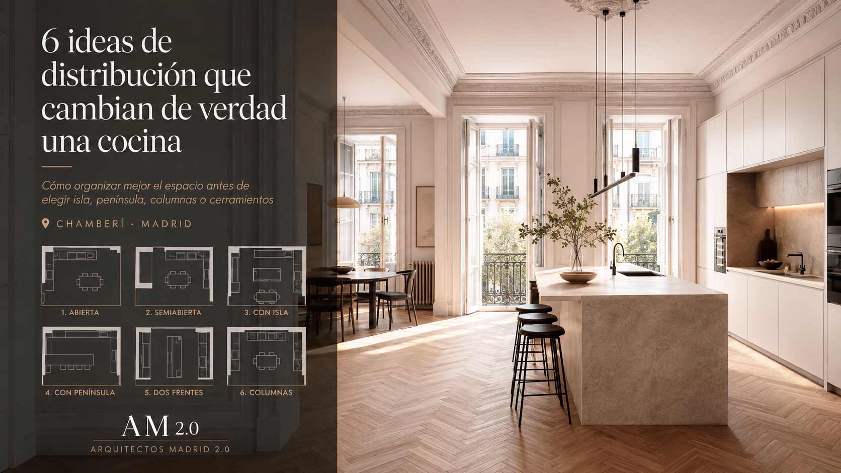 Seis ideas de distribución para el diseño de cocinas abiertas, con isla, península, dos frentes y columnas