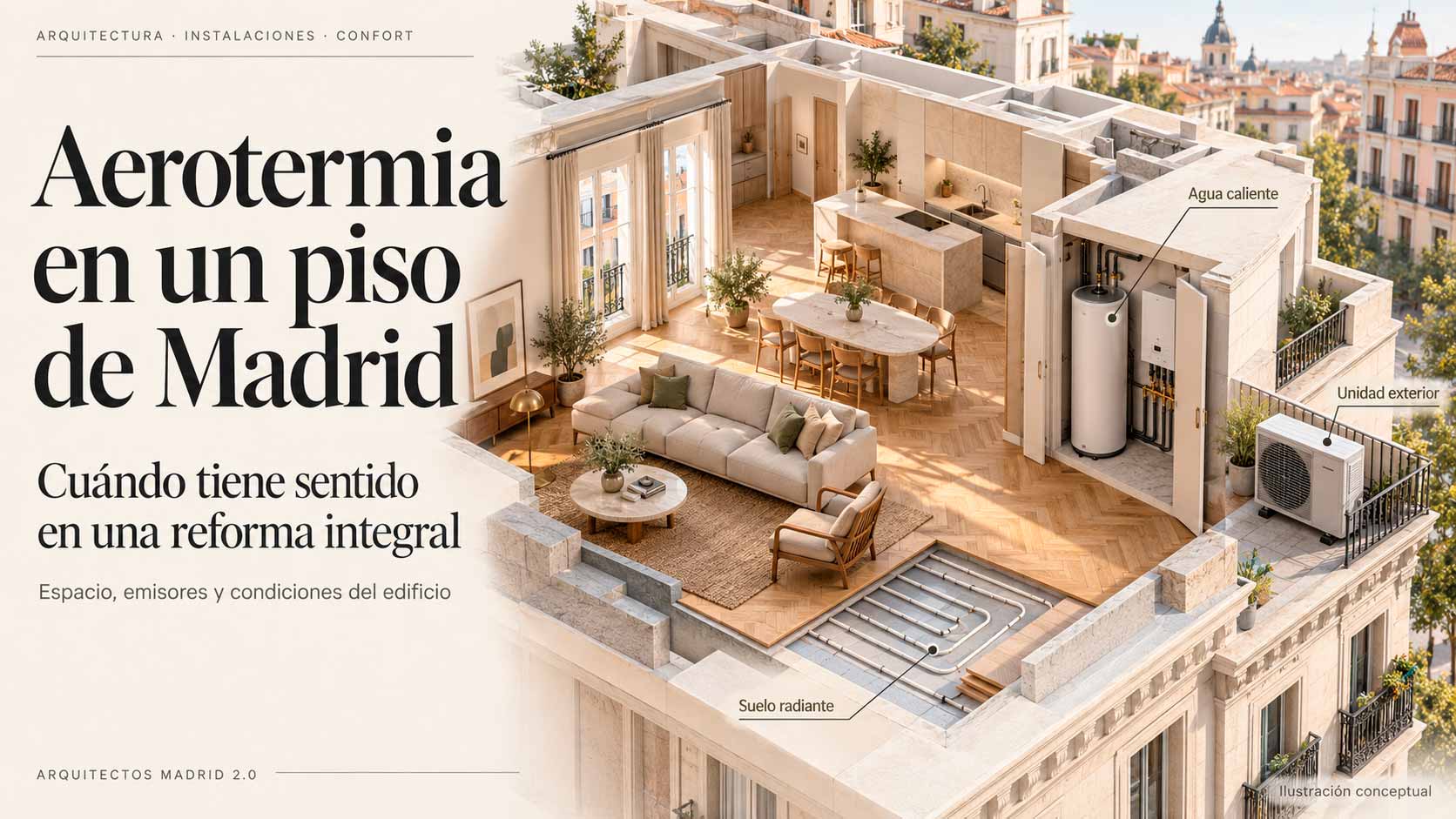 Ilustración de un piso seccionado con unidad exterior de aerotermia, depósito de agua caliente y tubos de suelo radiante