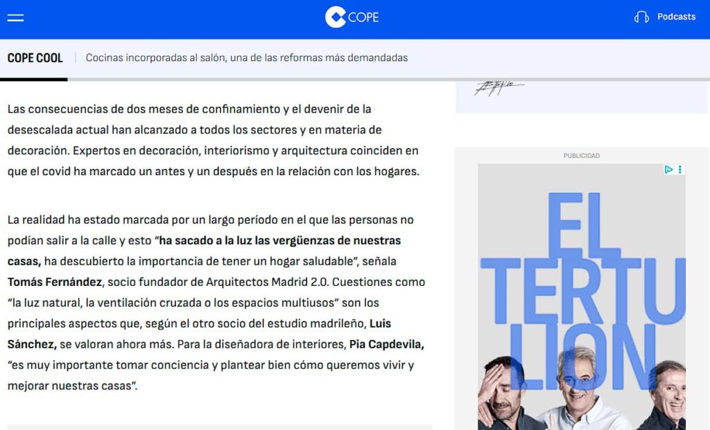 COPE recoge el criterio de Arquitectos Madrid 2.0 sobre cómo cambiarán las viviendas