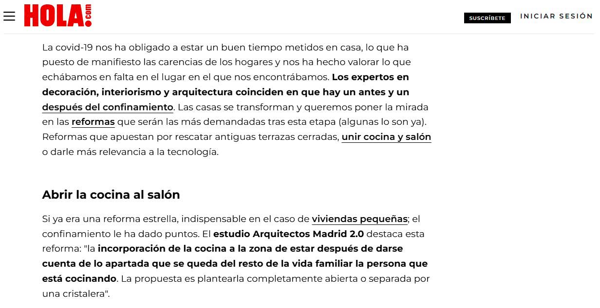 Publicación de ¡HOLA! sobre reformas de viviendas con la participación de Arquitectos Madrid 2.0