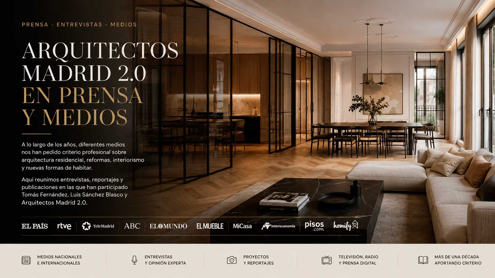 Portada editorial de Arquitectos Madrid 2.0 en prensa y medios con referencias a entrevistas, reportajes y publicaciones sobre arquitectura, reformas e interiorismo