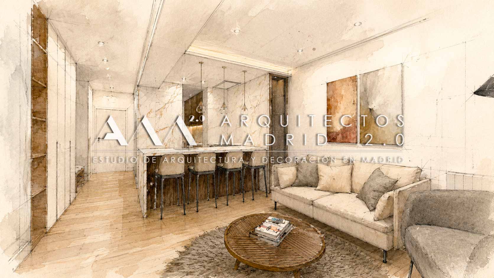 Dibujo conceptual del salón cocina para mostrar al cliente el resultado final antes de la obra