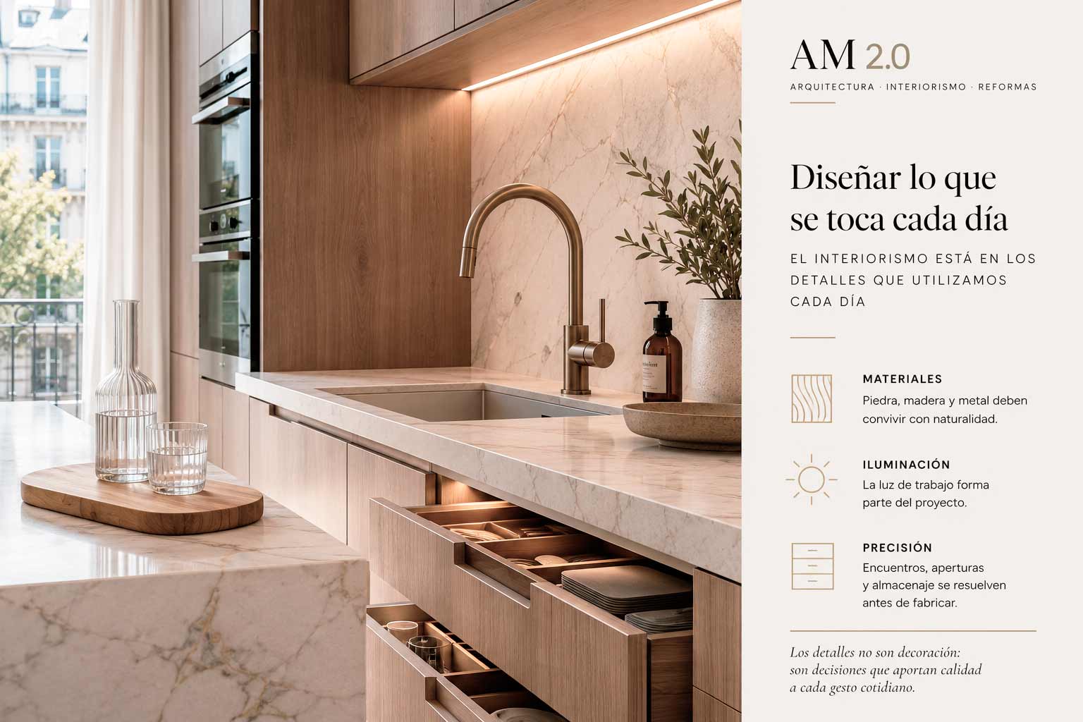 Detalle de diseño de cocina con piedra natural, madera, iluminación integrada y almacenamiento a medida
