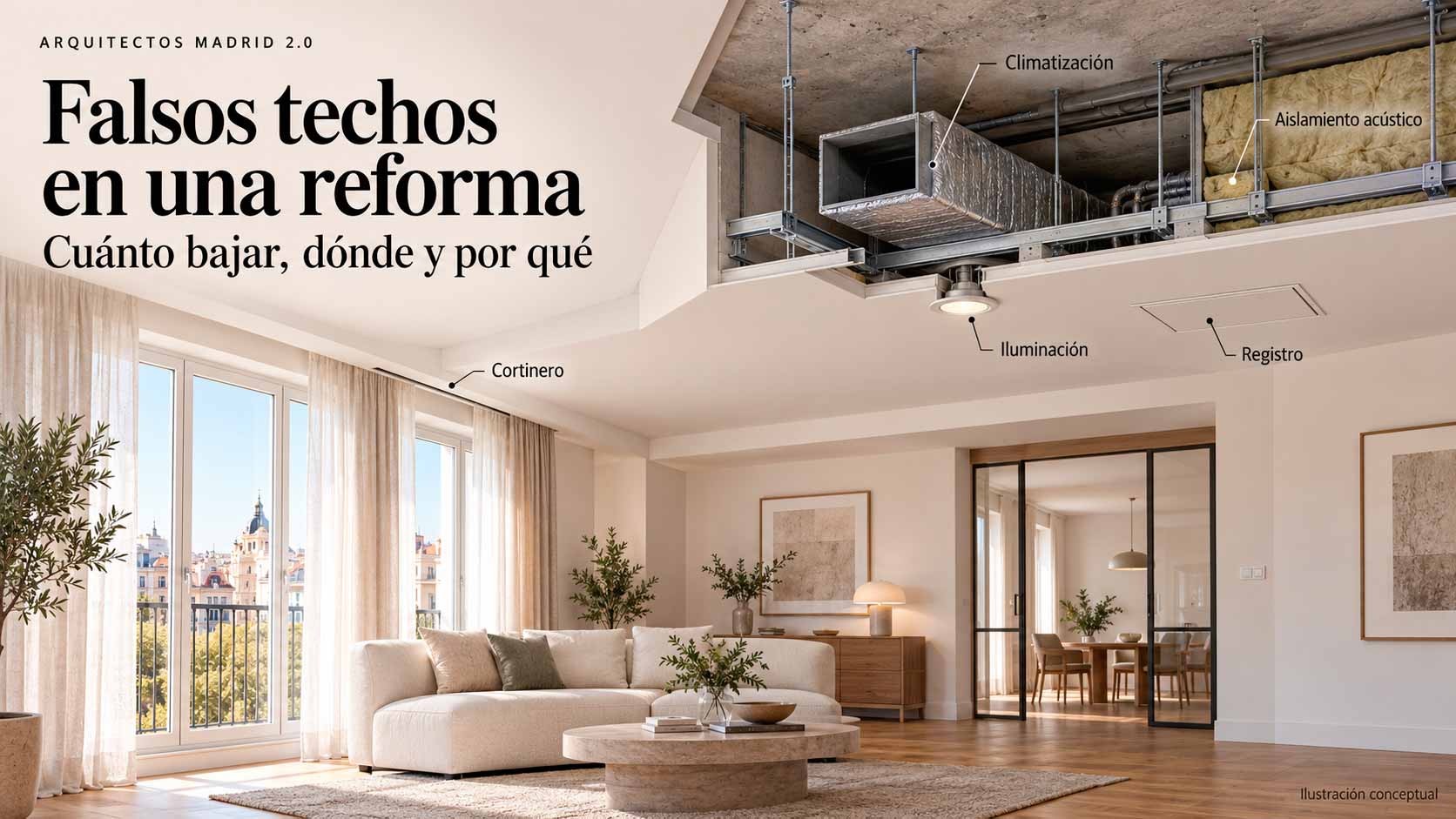 Ilustración de un salón con un falso techo seccionado que muestra climatización, aislamiento, iluminación, cortinero y registro