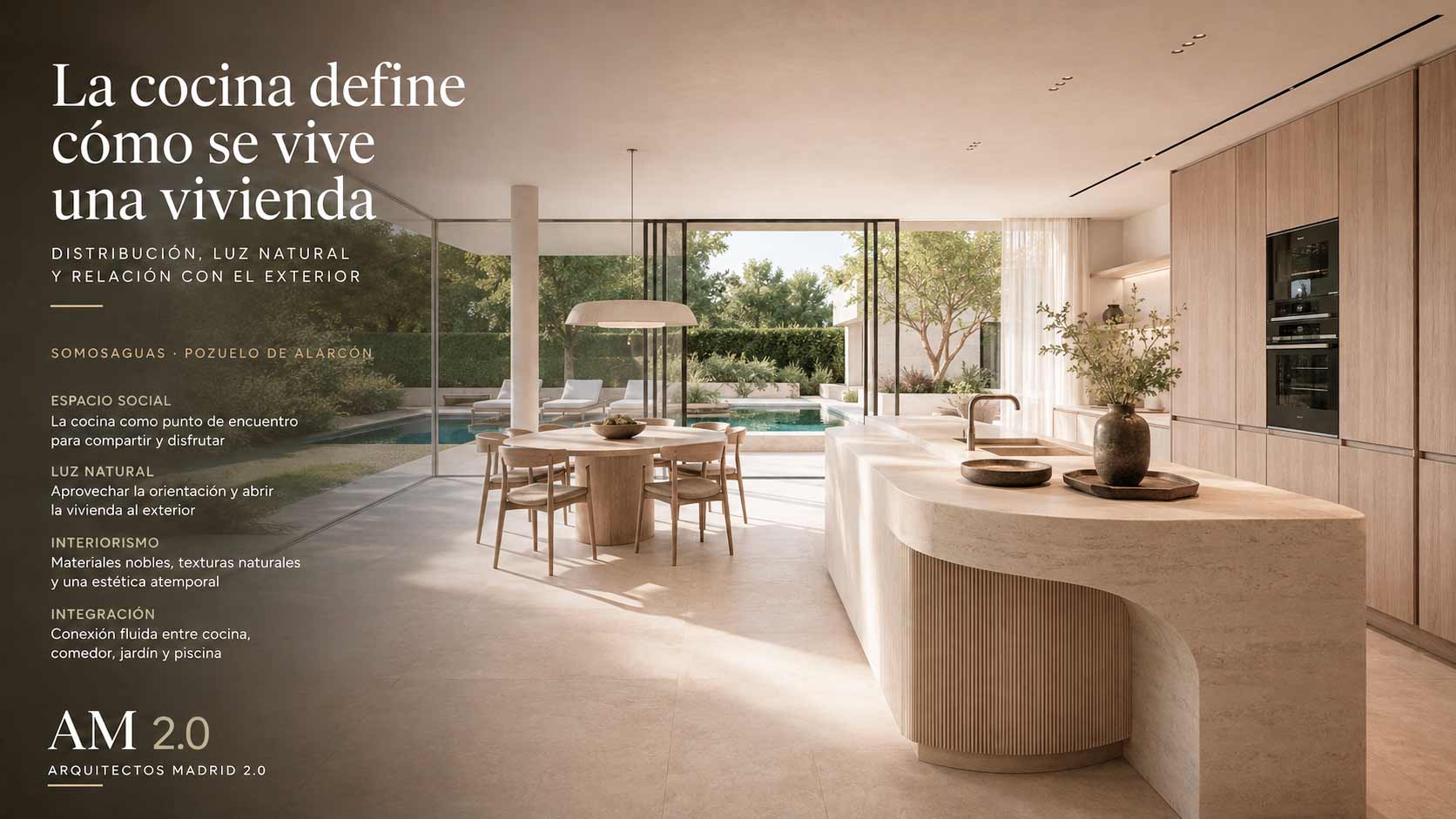 Cocina con isla abierta al comedor y conectada con el exterior en una vivienda contemporánea