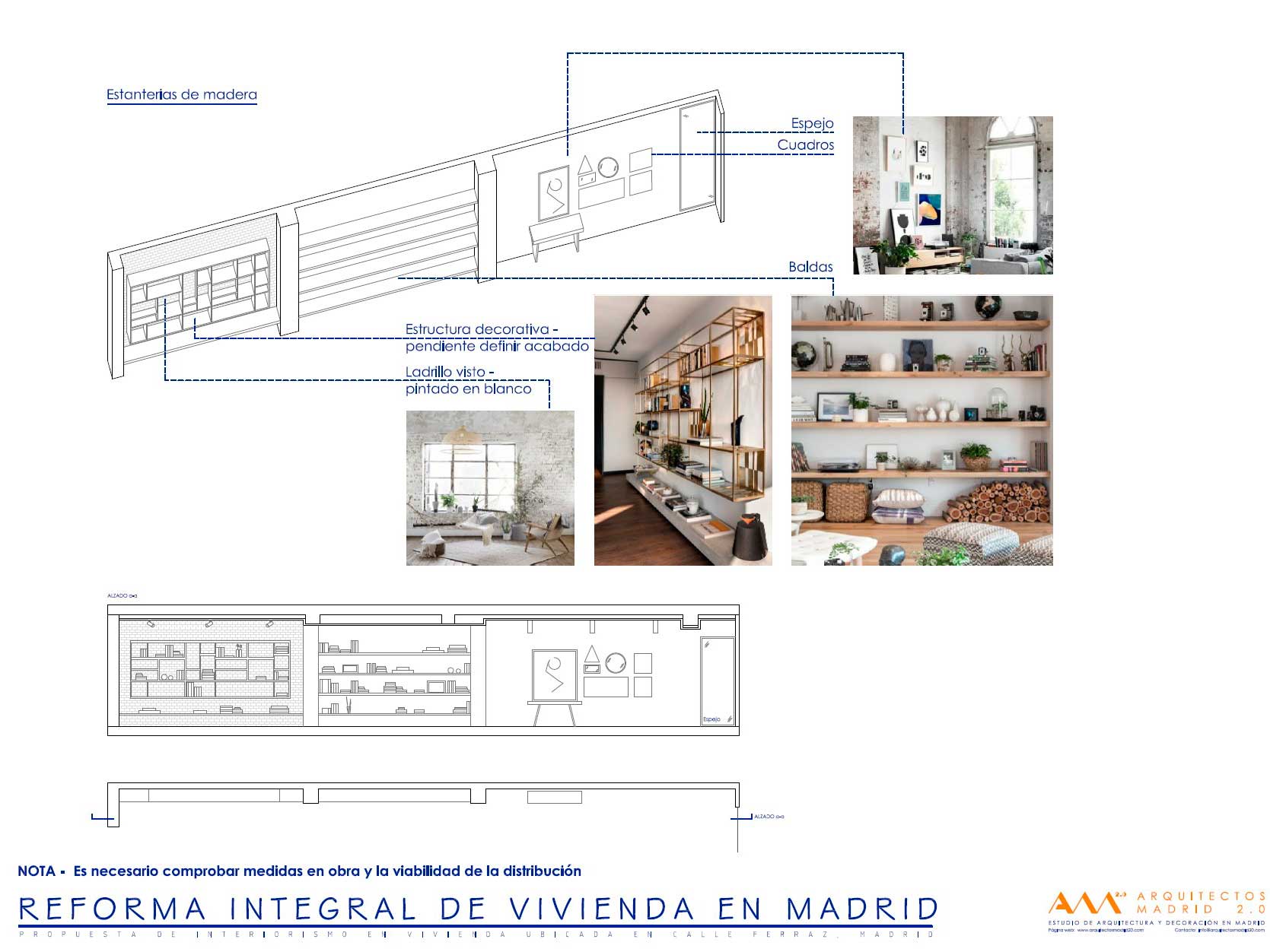 Detalle de proyecto de la librería diseñada a medida para el salón de lectura de la vivienda reformada en Ferraz