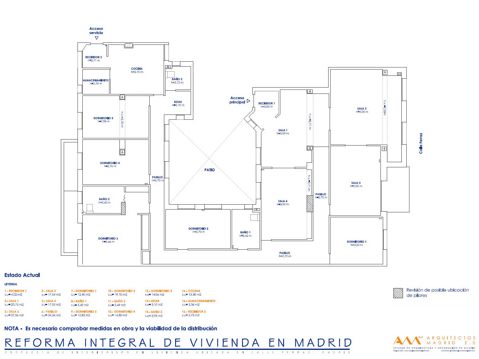 Plano del estado previo de una vivienda clásica de 350 m² antes de la reforma integral en Ferraz, Madrid