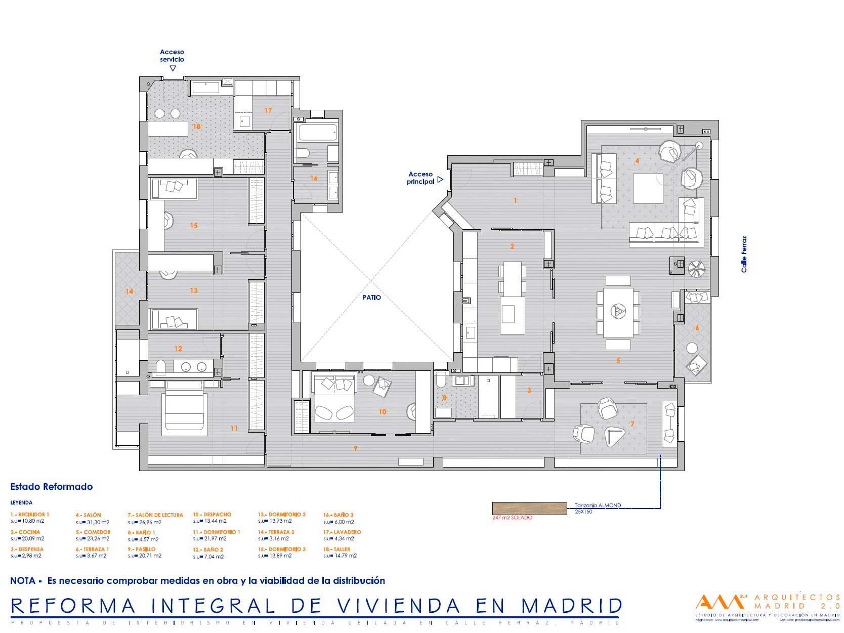Plano de la distribución reformada de una vivienda clásica de lujo de 350 m² en Ferraz, Madrid