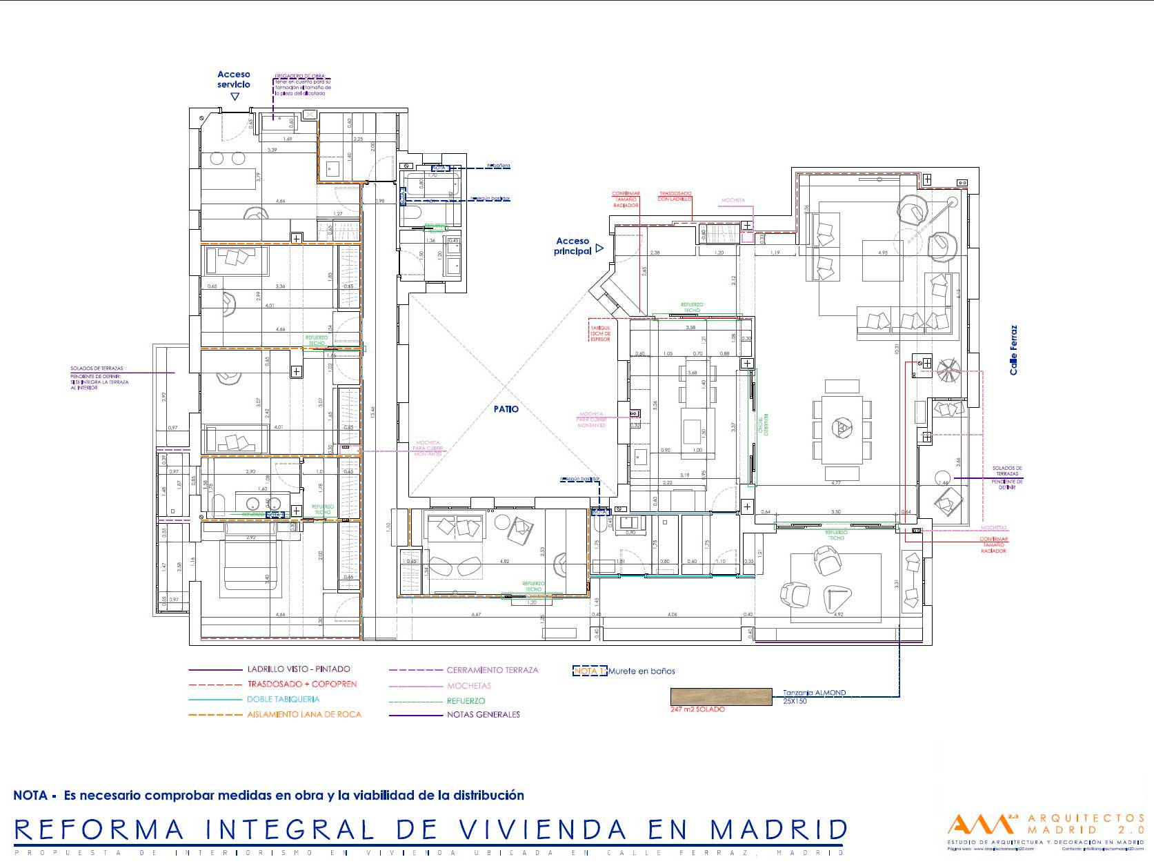 Plano de tabiquería, trasdosados y aislamientos del proyecto de reforma integral de la vivienda de Ferraz
