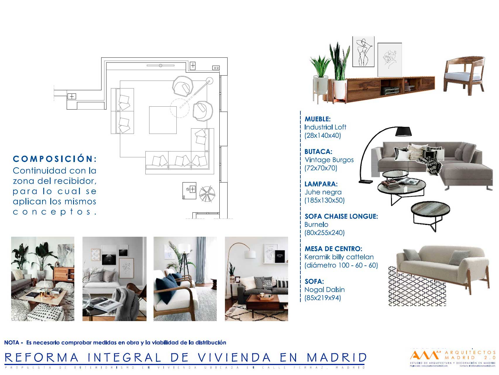Plano de mobiliario e interiorismo del salón y recibidor de la vivienda clásica reformada en Ferraz