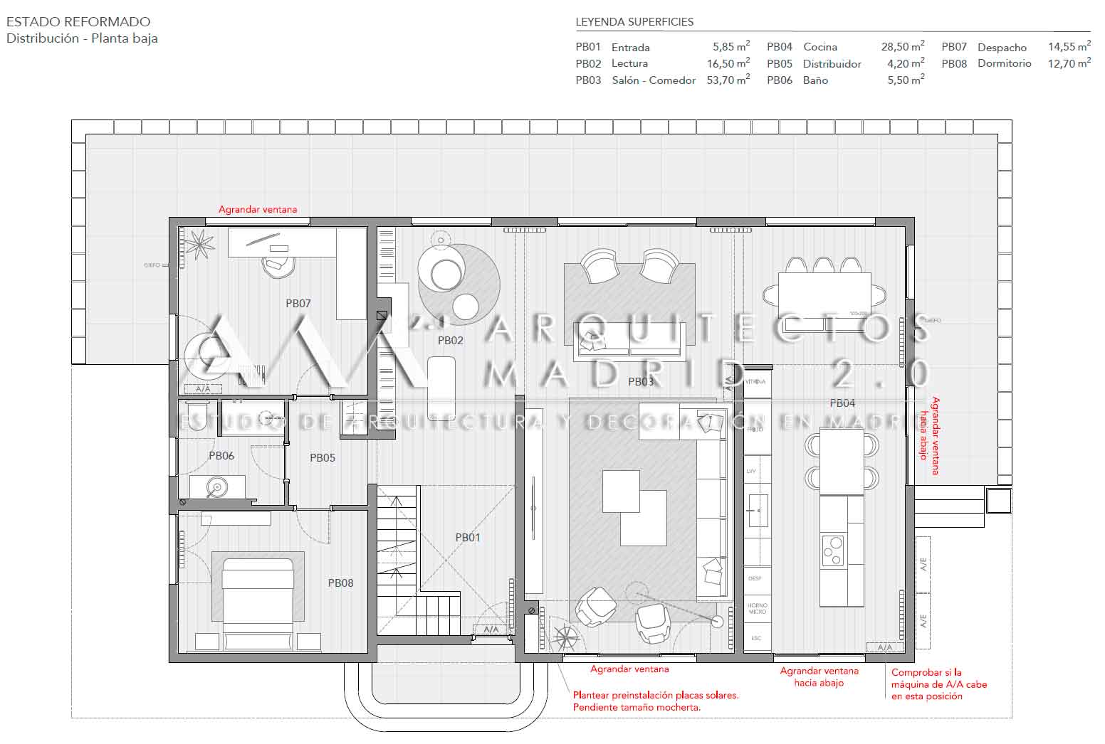 Plano de distribución reformada de planta baja en chalet de Majadahonda