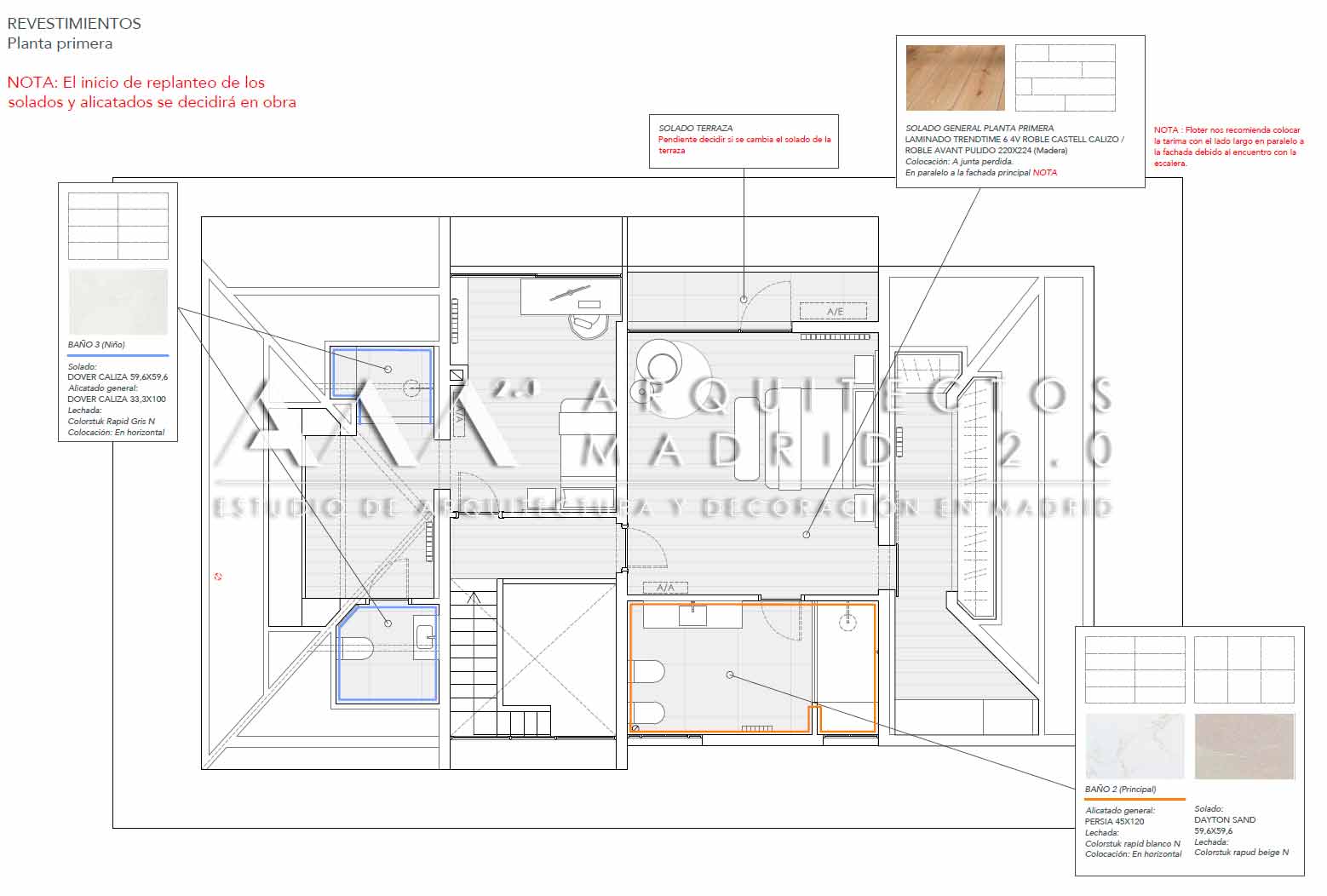 Plano de revestimientos de planta primera para reforma integral de vivienda unifamiliar en Majadahonda