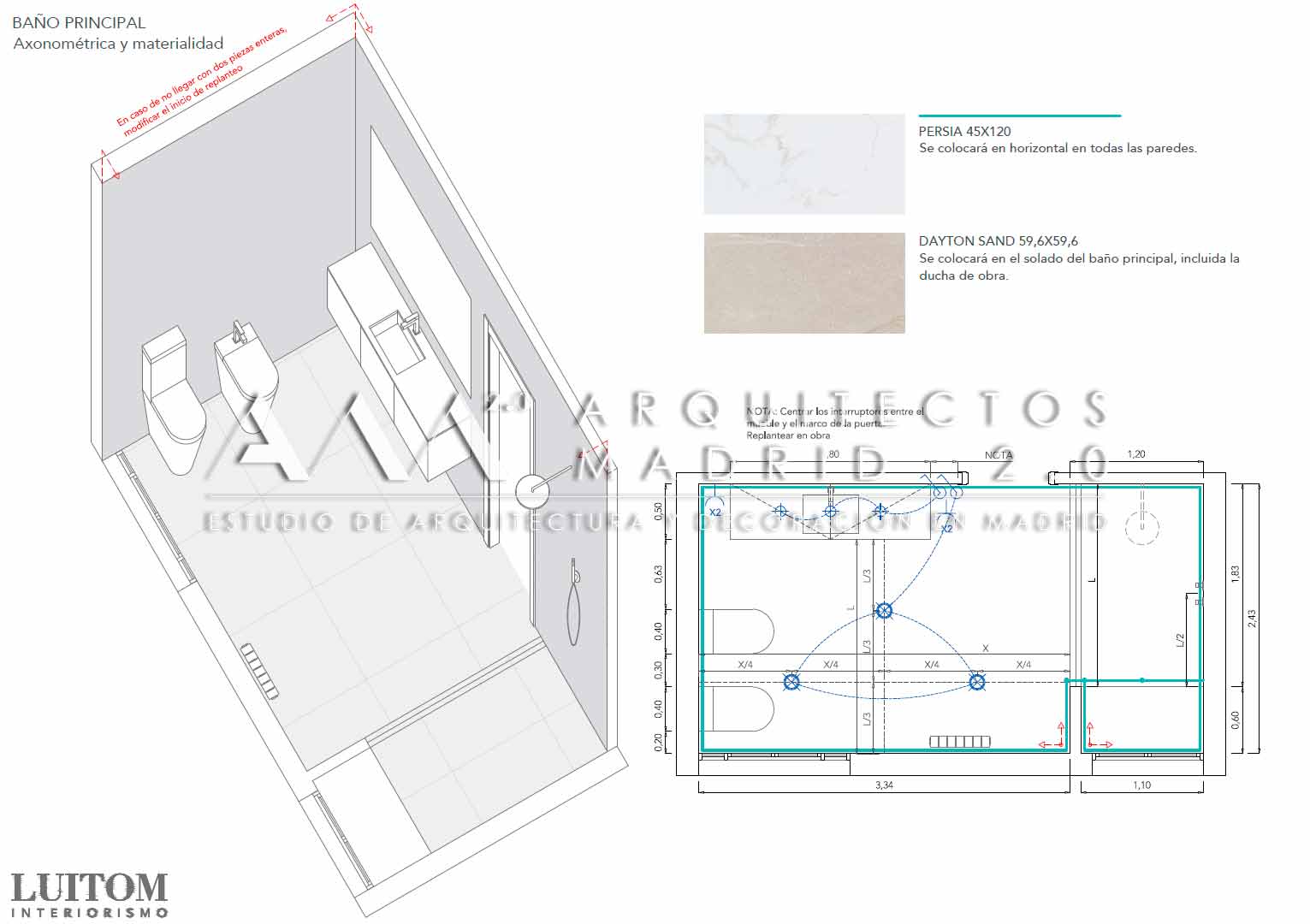 Plano de baño principal con axonometría, materialidad y distribución técnica