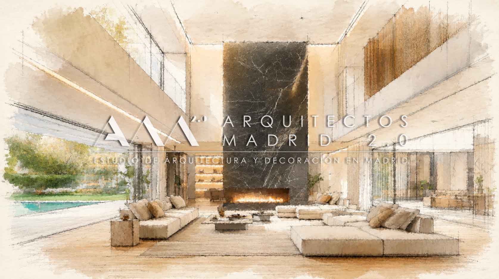 Boceto de proyecto de reforma integral de chalet en Piovera y Parque Conde Orgaz con salón, chimenea, grandes ventanales y vistas al jardín