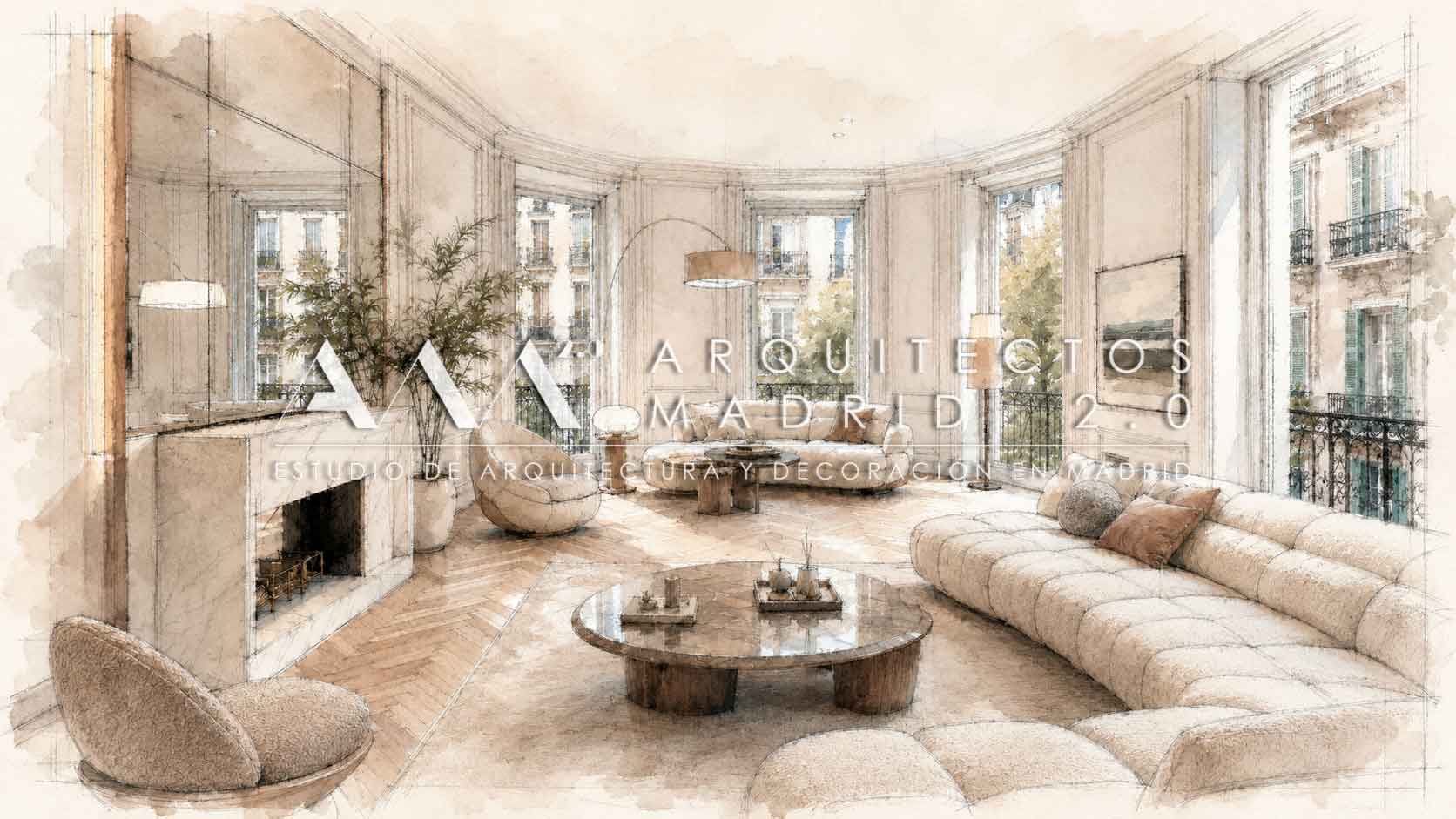 Boceto de proyecto para reforma integral de vivienda en Chamberí con salón clásico, chimenea, molduras y nueva distribución