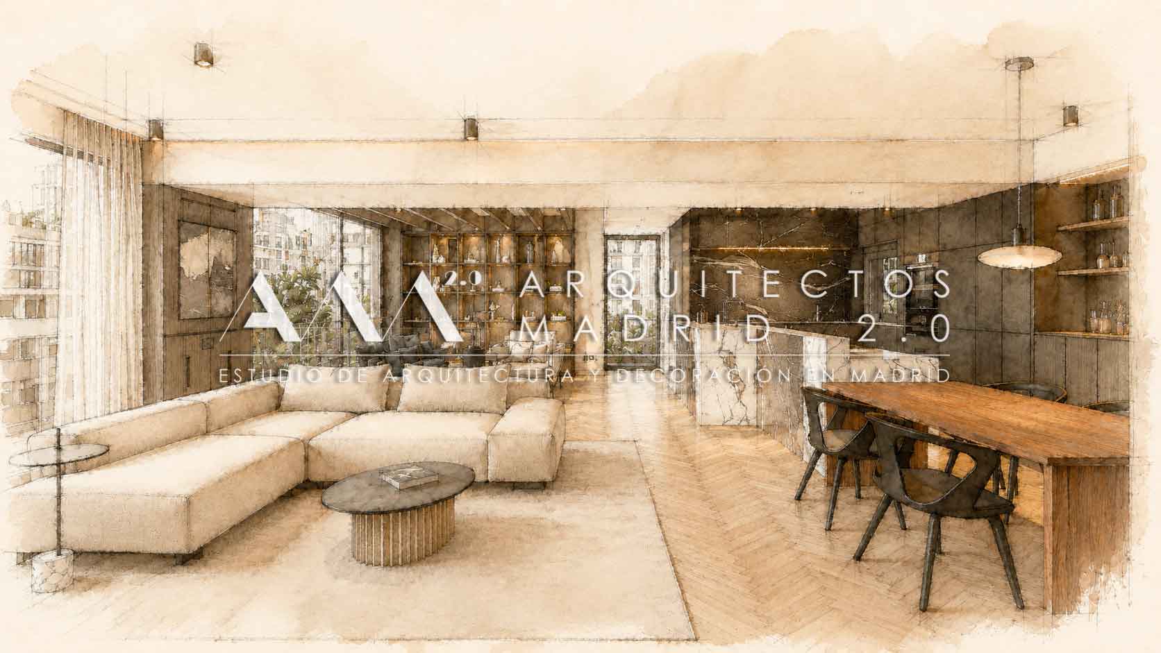Boceto de proyecto para reforma integral de vivienda en Retiro con salón, comedor y cocina abierta