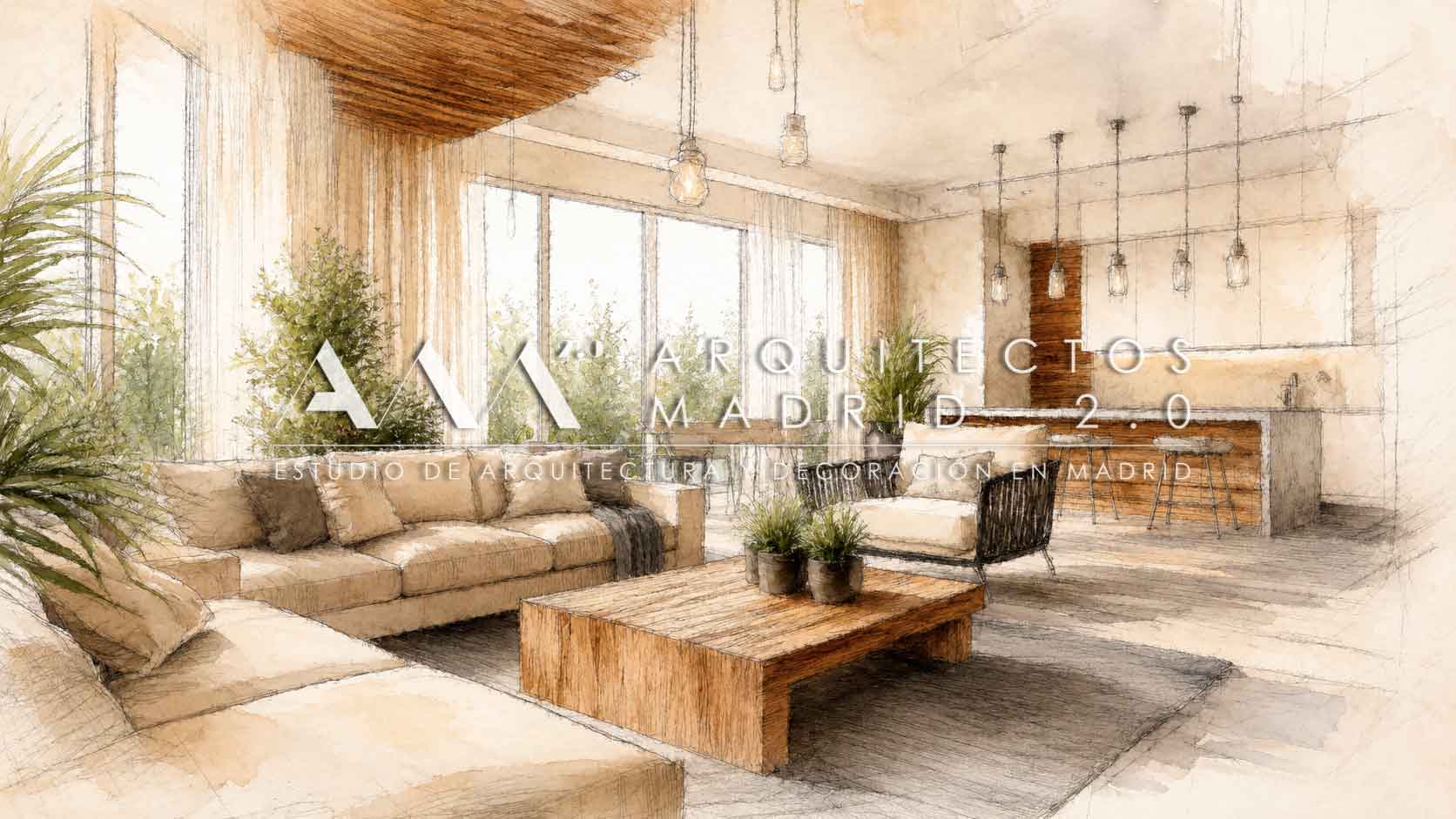 Boceto de proyecto de reforma integral de vivienda familiar con salón, cocina de madera y nueva distribución para Mirasierra y Fuentelarreina
