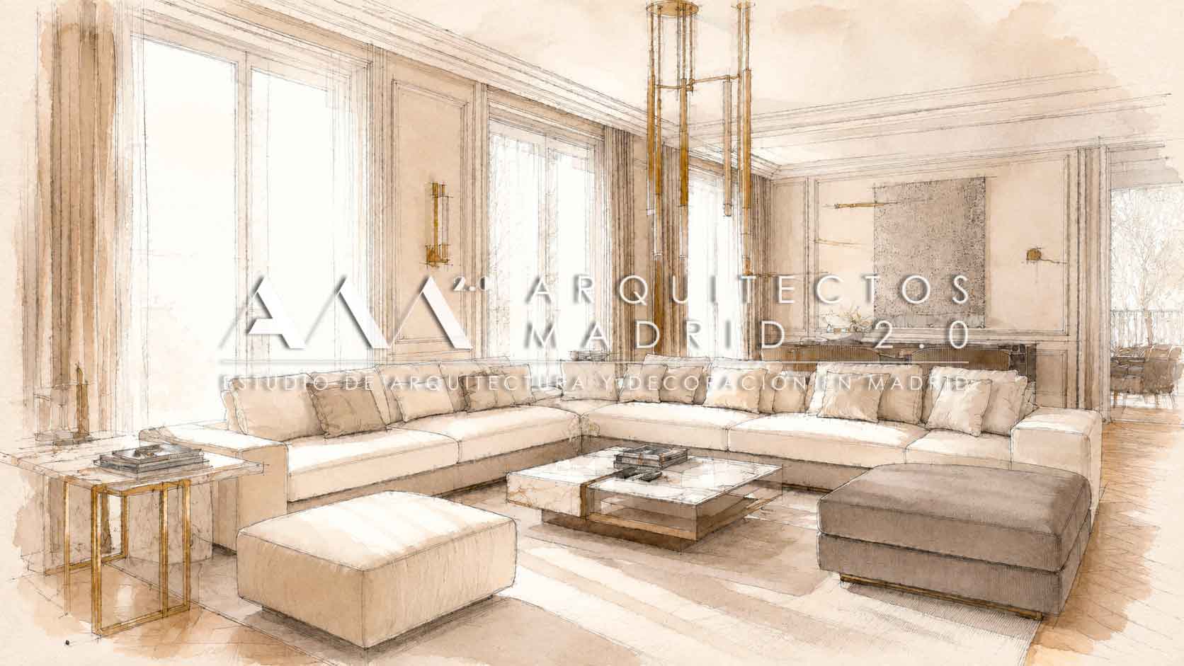Boceto arquitectónico de salón familiar con grandes ventanales y terraza para una reforma integral en Chamartín