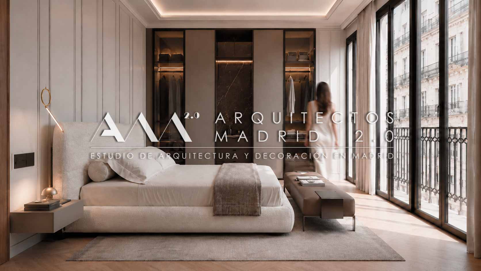 Visualización de proyecto de dormitorio en vivienda señorial de Madrid con cornisa, carpintería a medida y grandes balconeras