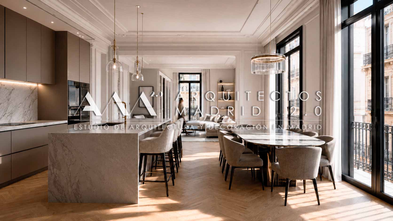 Salón comedor con cocina abierta e isla en reforma residencial en Madrid