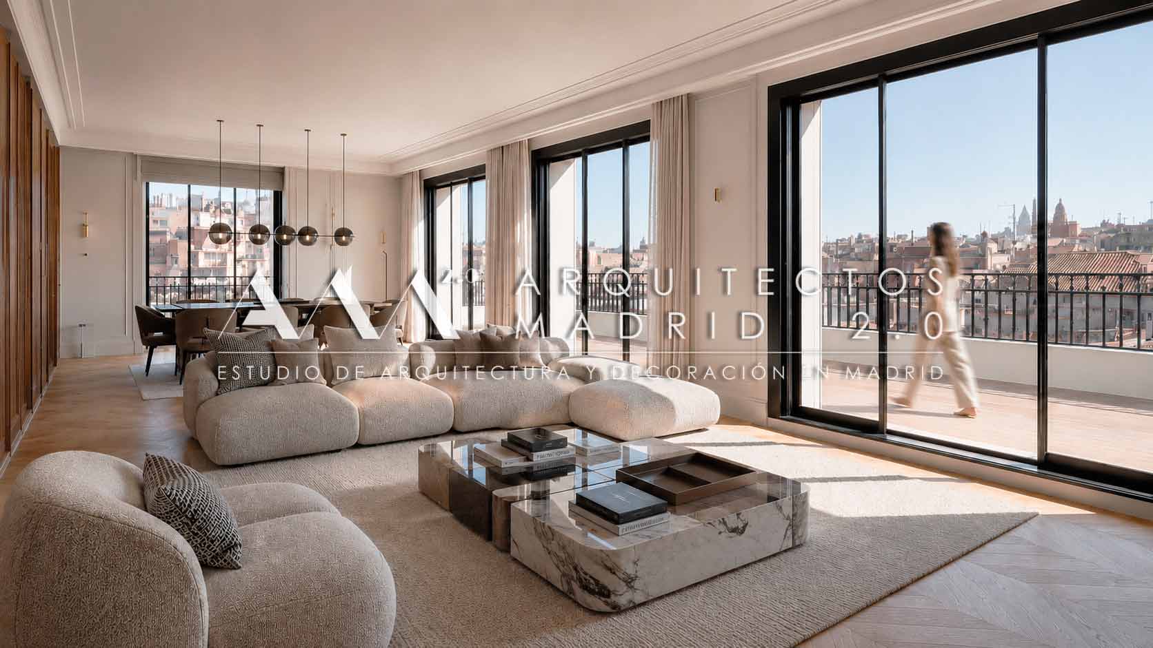 Salón contemporáneo con terraza y vistas urbanas como referencia para reformas integrales de viviendas en Chamberí