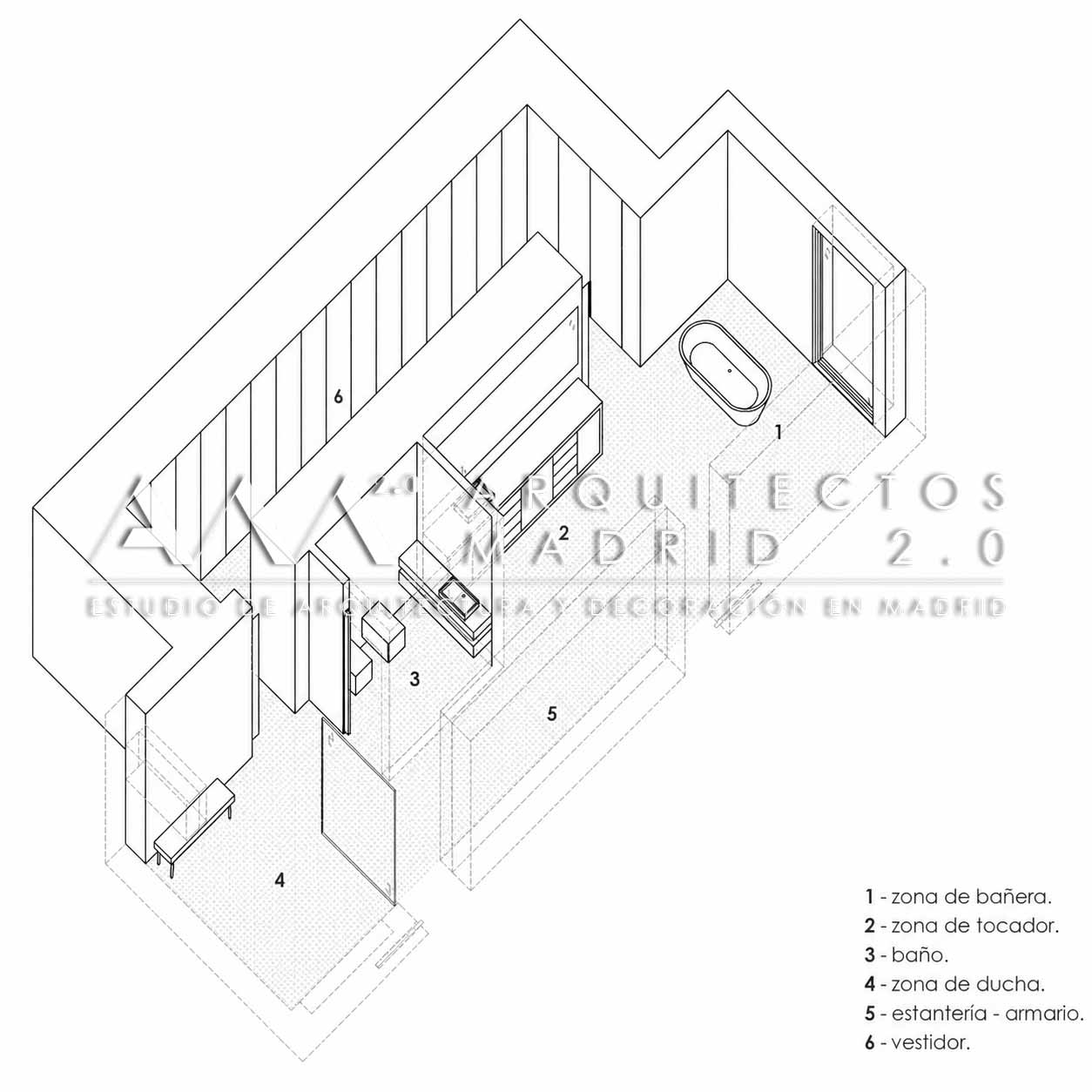 Axonometría de baño vestidor y zona de agua en proyecto de vivienda unifamiliar Casa Heinz