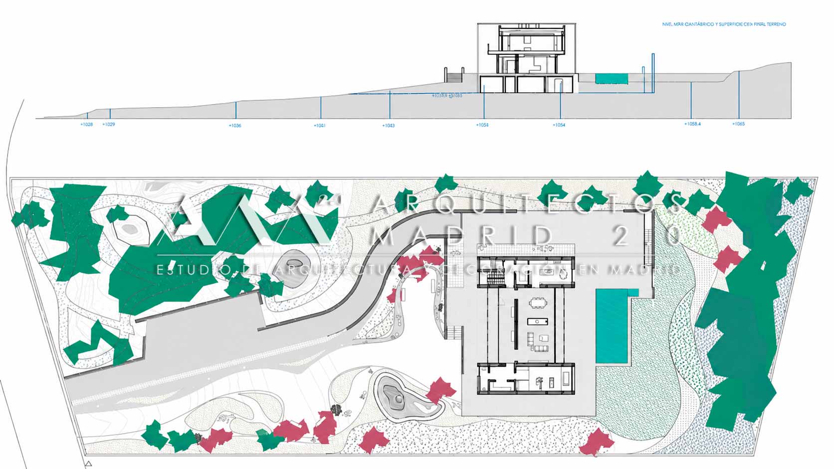 Plano de implantación de Casa Heinz con vivienda piscina arbolado accesos y topografía