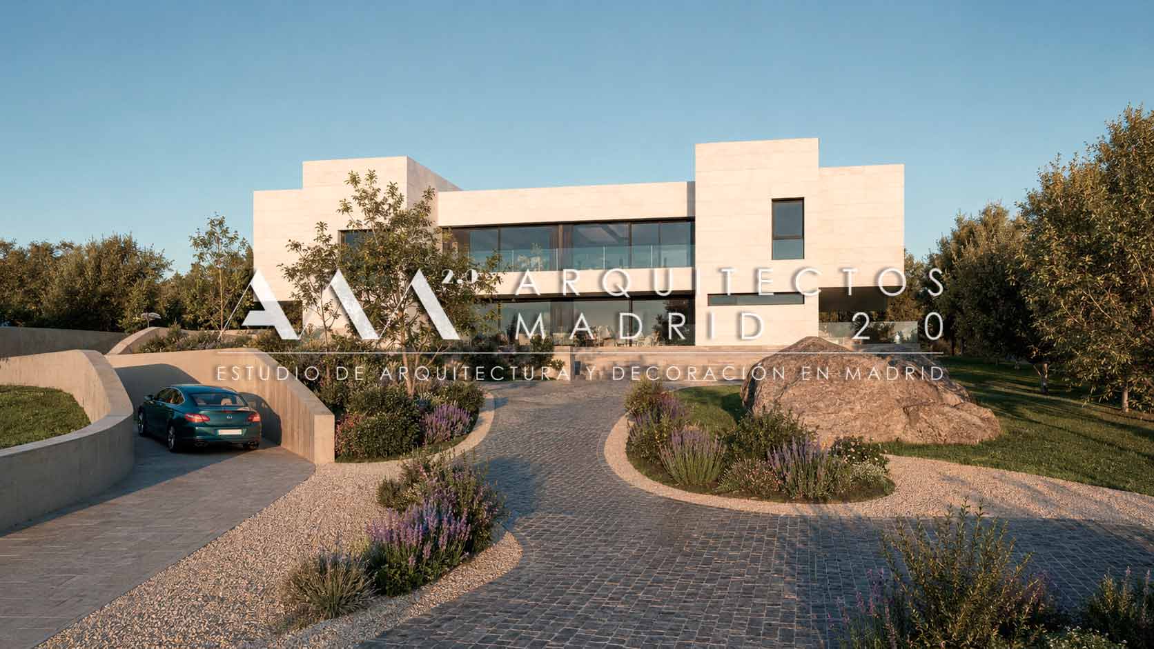 Render del acceso a Casa Heinz con recorrido de entrada paisaje y fachada de vivienda unifamiliar