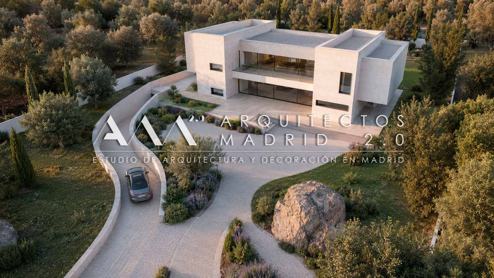 Render aéreo de Casa Heinz implantada en una parcela arbolada con recorrido de acceso y jardín