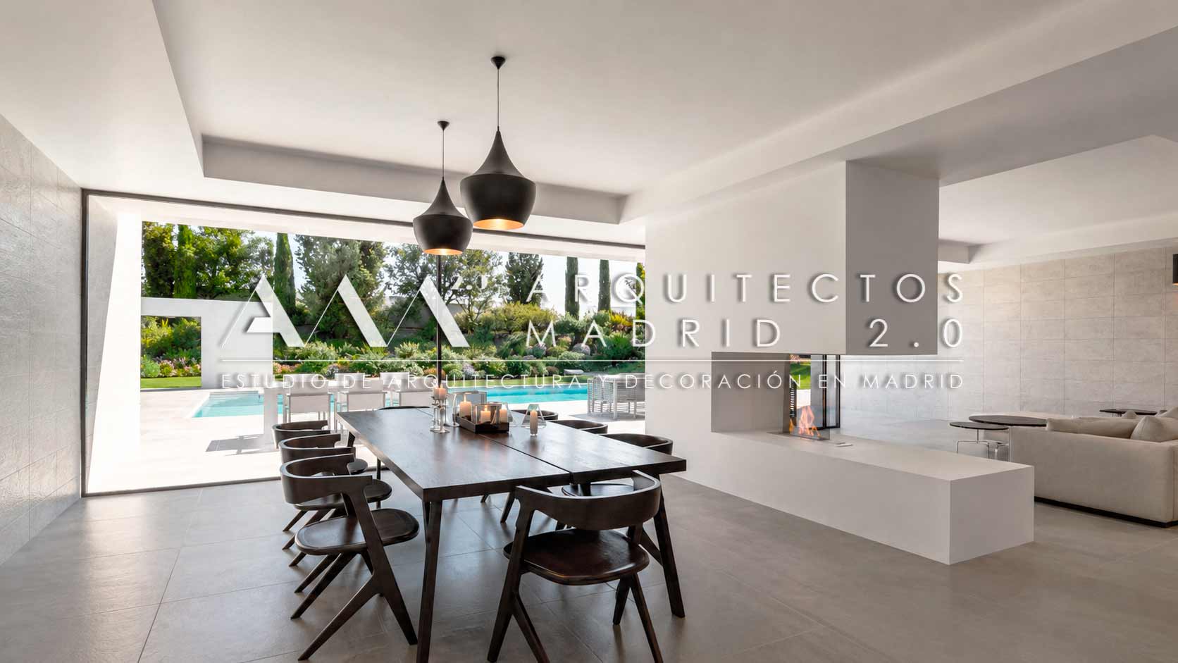 Render de cocina comedor y salón abierto al jardín en Casa Heinz vivienda unifamiliar en Madrid
