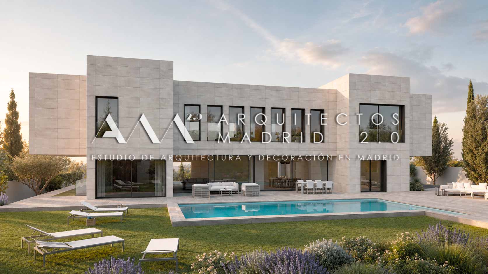 Render de fachada principal con piscina de Casa Heinz vivienda unifamiliar moderna