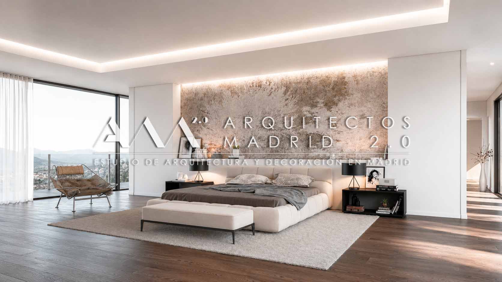 Render de dormitorio principal amplio con ventanal en Casa Heinz vivienda unifamiliar en Madrid