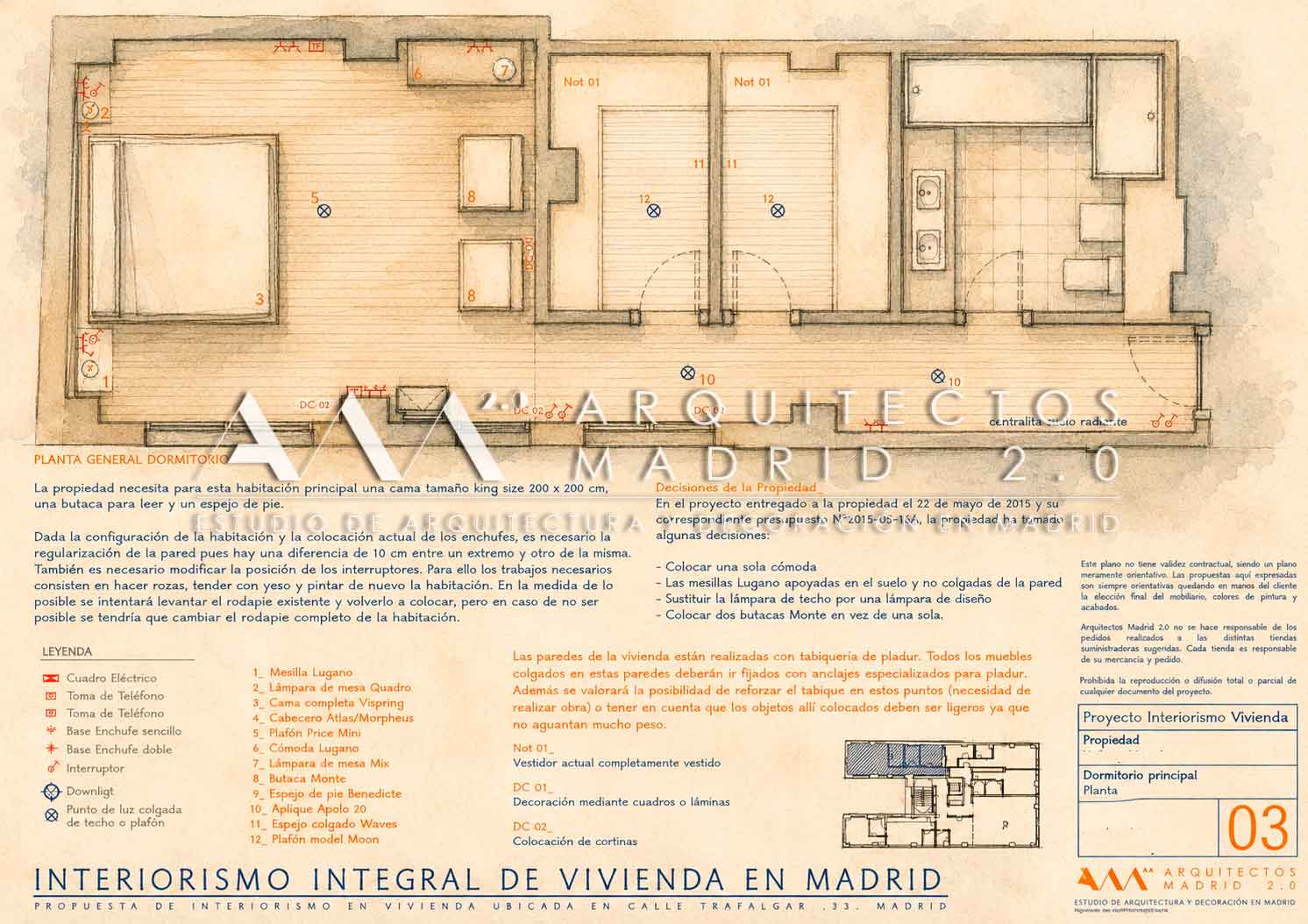 Plano de proyecto de interiorismo del dormitorio principal con mobiliario, iluminación y mecanismos en vivienda de 380 m² en Trafalgar, Chamberí