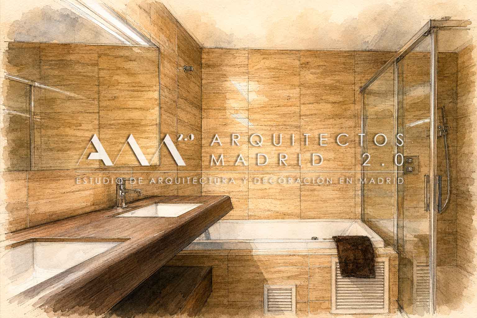 Proyecto de baño con travertino, doble lavabo, bañera y ducha en vivienda de 380 m² de Chamberí