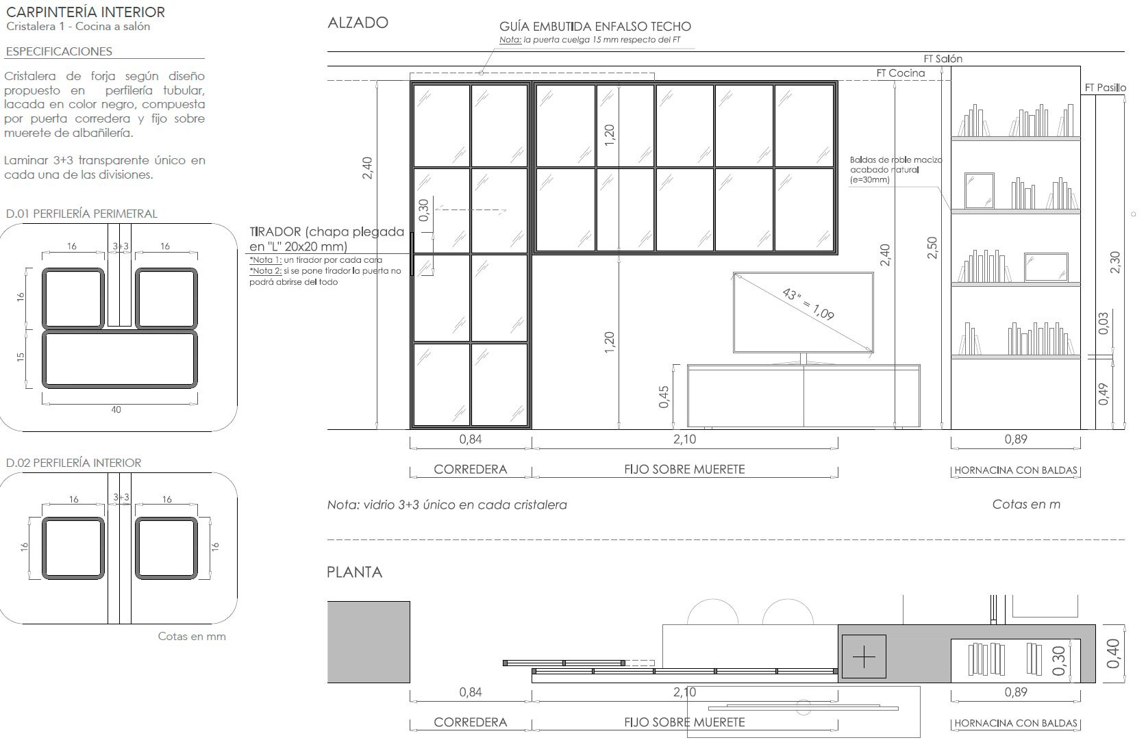 Plano de carpintería metálica acristalada entre cocina y salón con puerta corredera en vivienda reformada en Las Rosas, Madrid