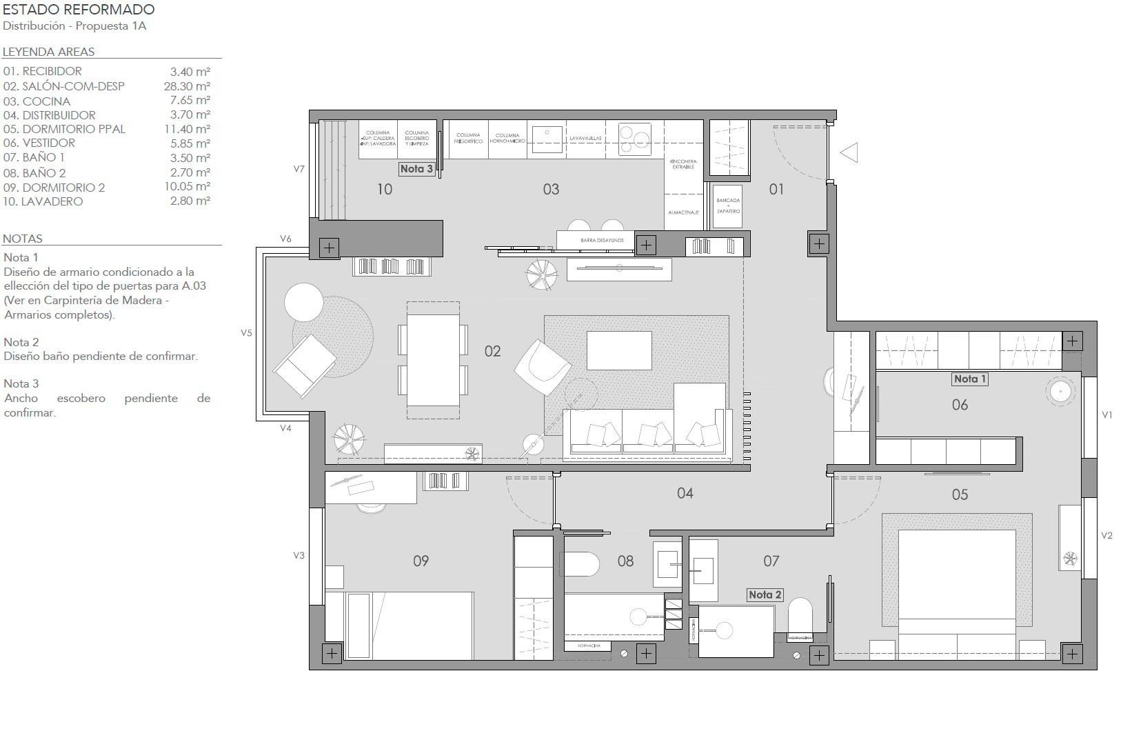 Plano de distribución reformada de una vivienda de 100 m² en Las Rosas, Madrid, con salón comedor despacho, cocina, dos dormitorios y vestidor