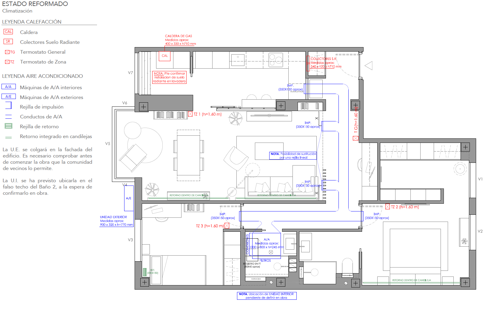 Plano de climatización de la vivienda reformada en Las Rosas con suelo radiante, colectores, termostatos y aire acondicionado por conductos