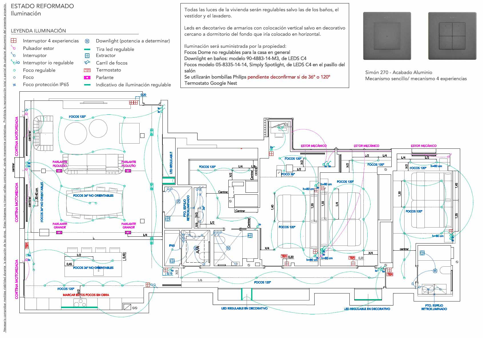 Plano técnico de iluminación de la reforma integral de vivienda en Jorge Juan con focos, downlights, LED, mecanismos y circuitos de control