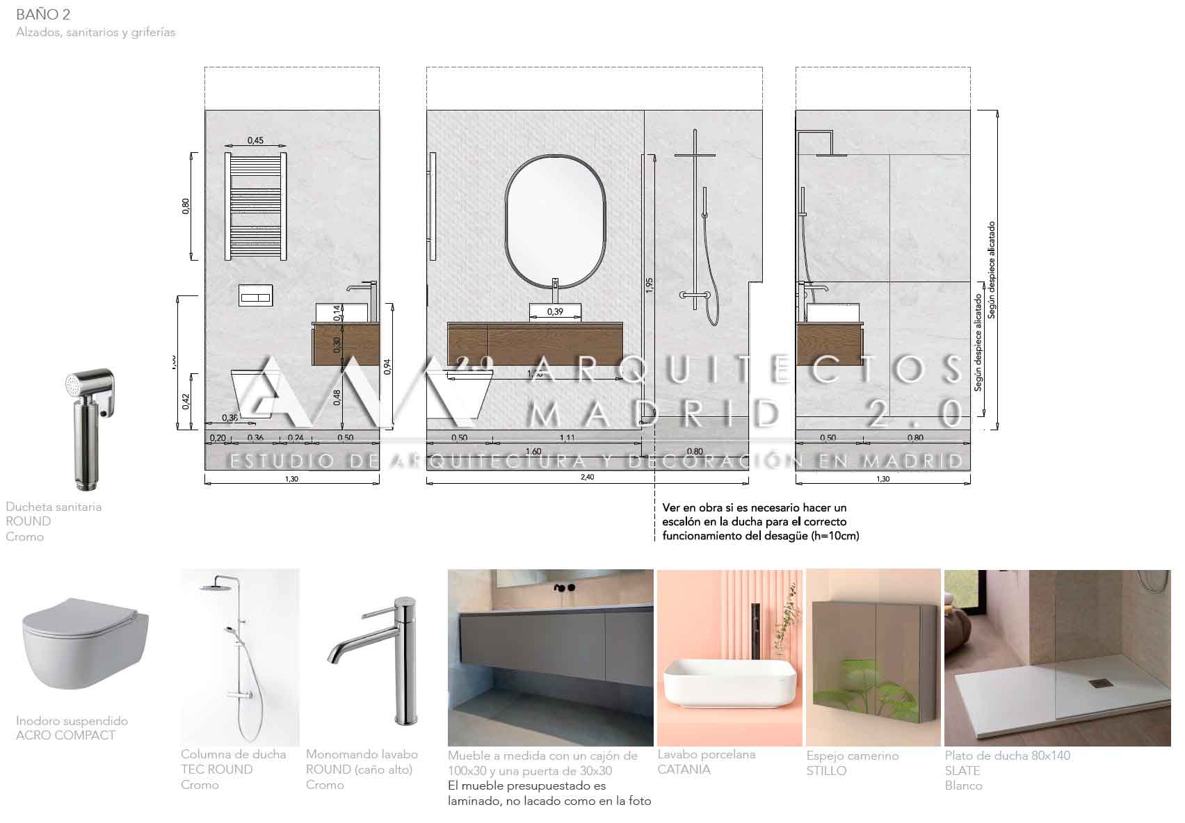 Plano de baño con alzados, sanitarios, griferías, ducha integrada, mueble a medida y espejo camerino