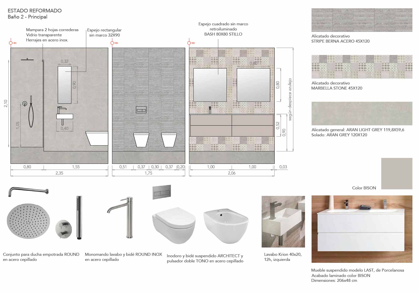 Plano de alzados y detalles de baño principal para la reforma integral de vivienda en Jorge Juan, Barrio de Salamanca