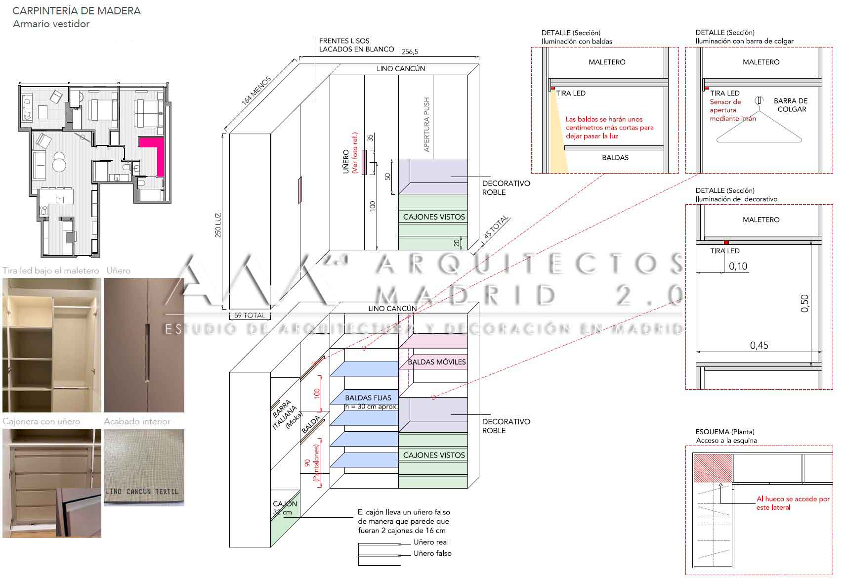 Plano de carpintería de madera con vestidor, baldas, iluminación integrada y detalles de sección