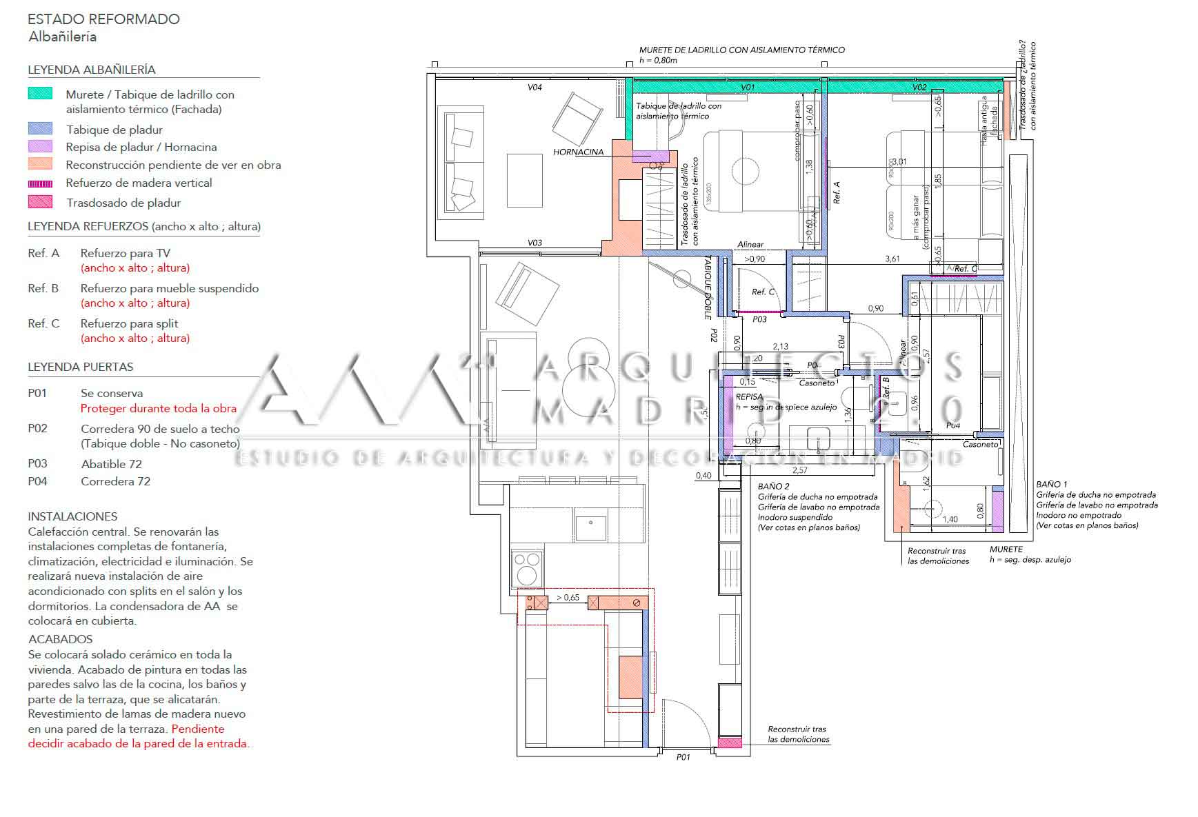 Plano de albañilería y estado reformado con tabiques, aislamiento, puertas, instalaciones y acabados