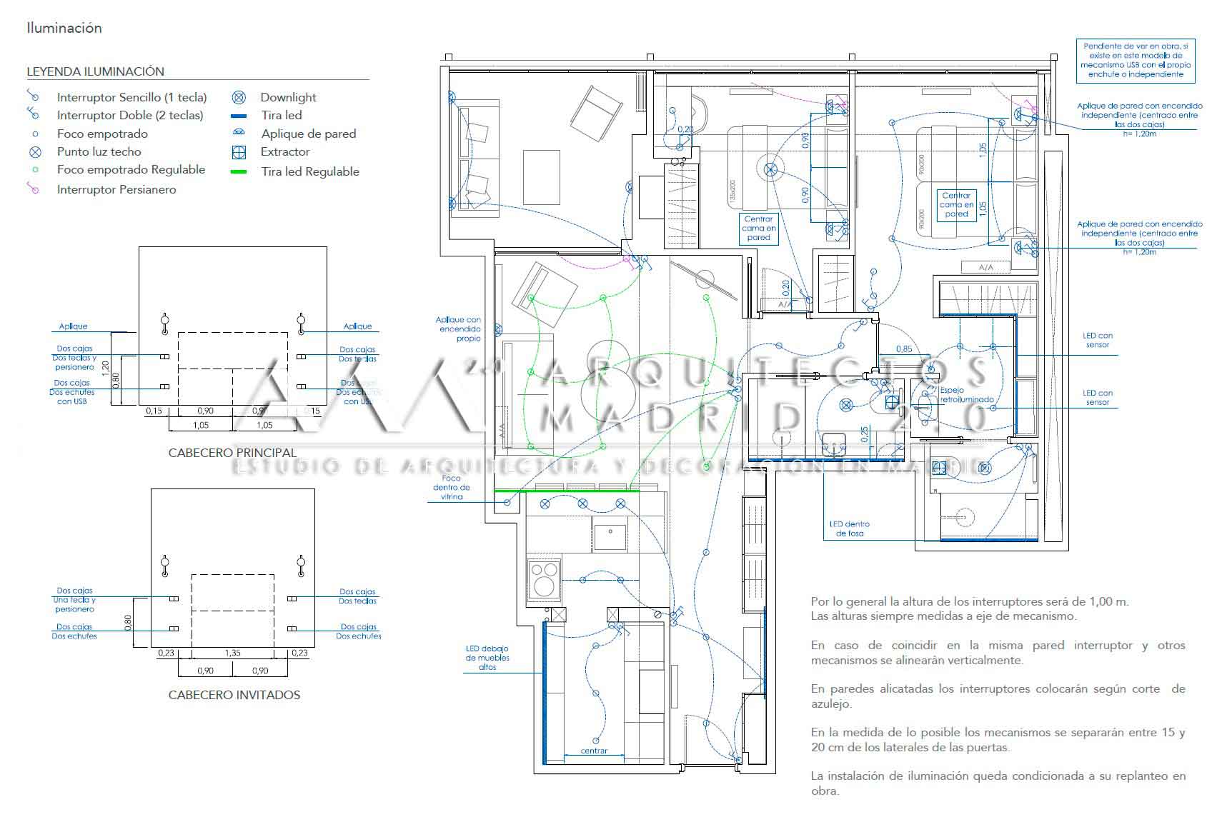 Plano de iluminación con mecanismos, downlights, tiras LED y apliques para reforma integral en Barrio de Salamanca