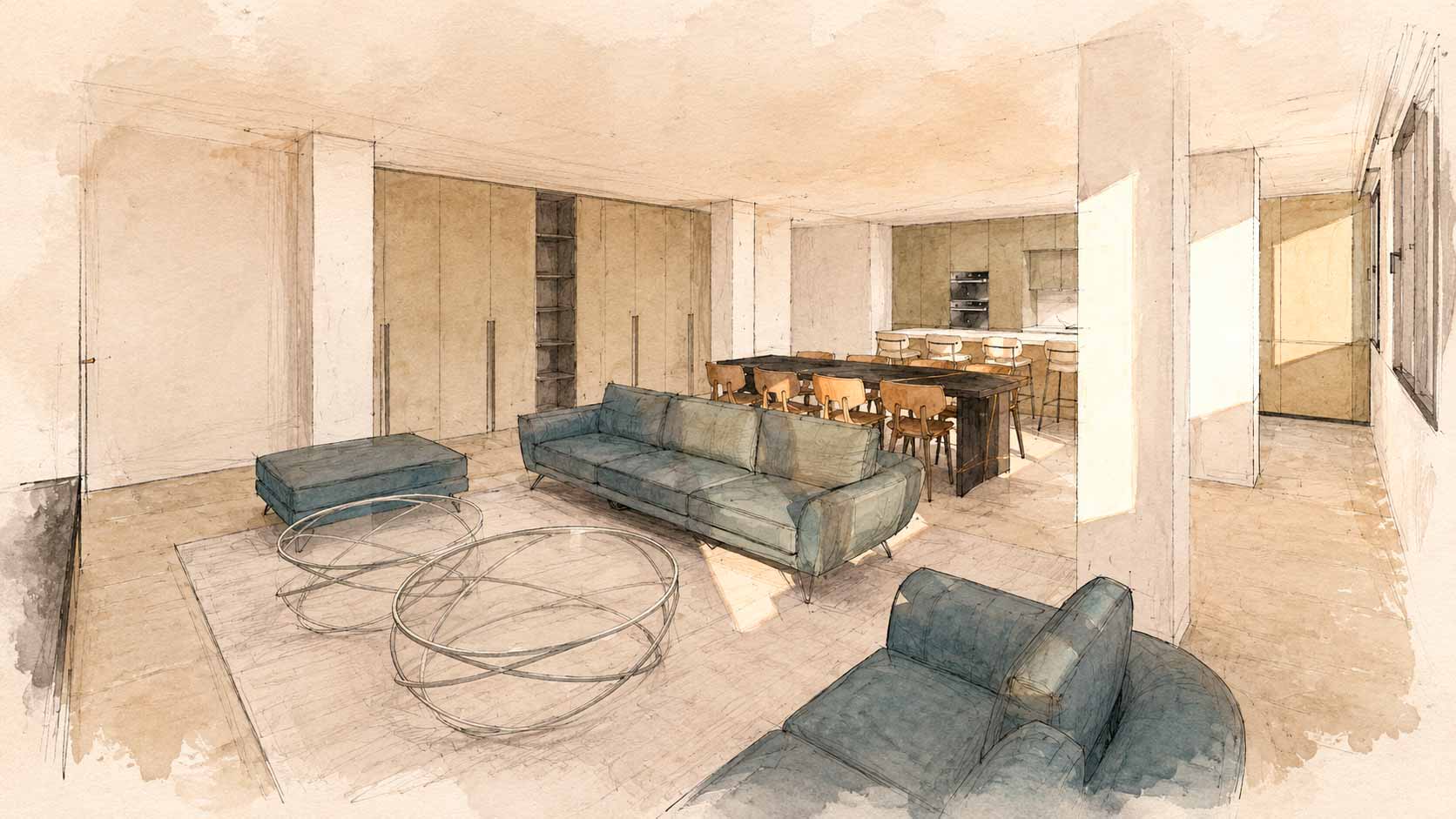 Proyecto de arquitectura interior de la gran zona de salón comedor y cocina en vivienda de Jorge Juan, Barrio de Salamanca