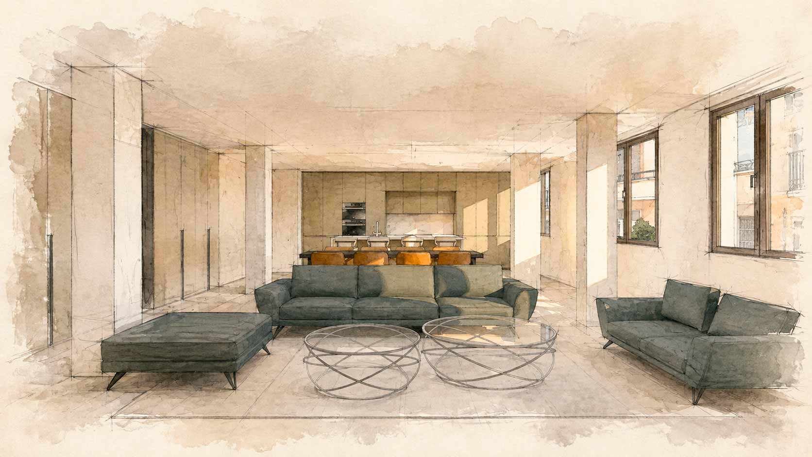Proyecto de interiorismo de salón, comedor y cocina integrados para la reforma de una vivienda de 200 m² en Jorge Juan, Barrio de Salamanca