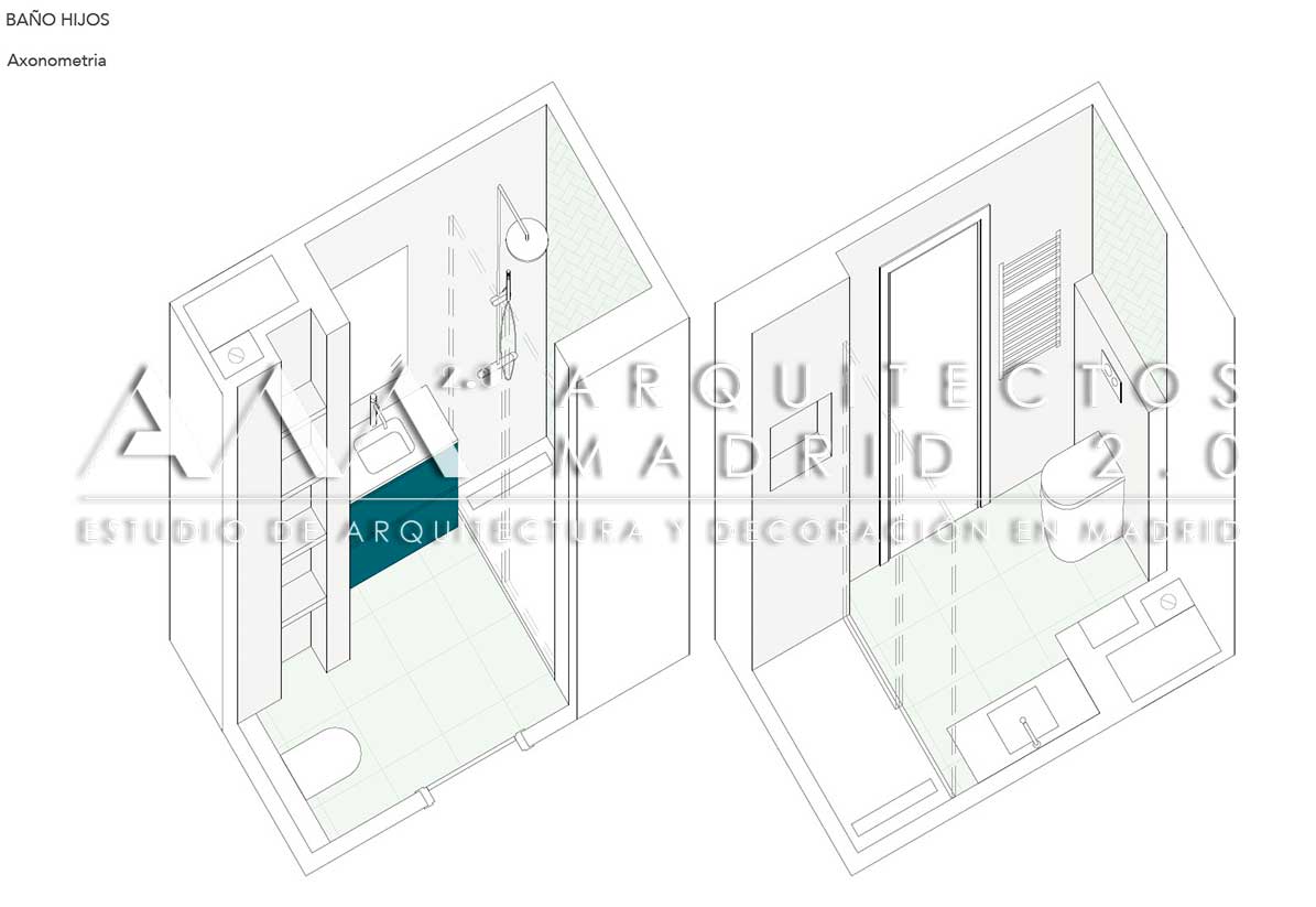 Axonometría de baño reformado con ducha, armario y mueble de lavabo en vivienda de Chamartín