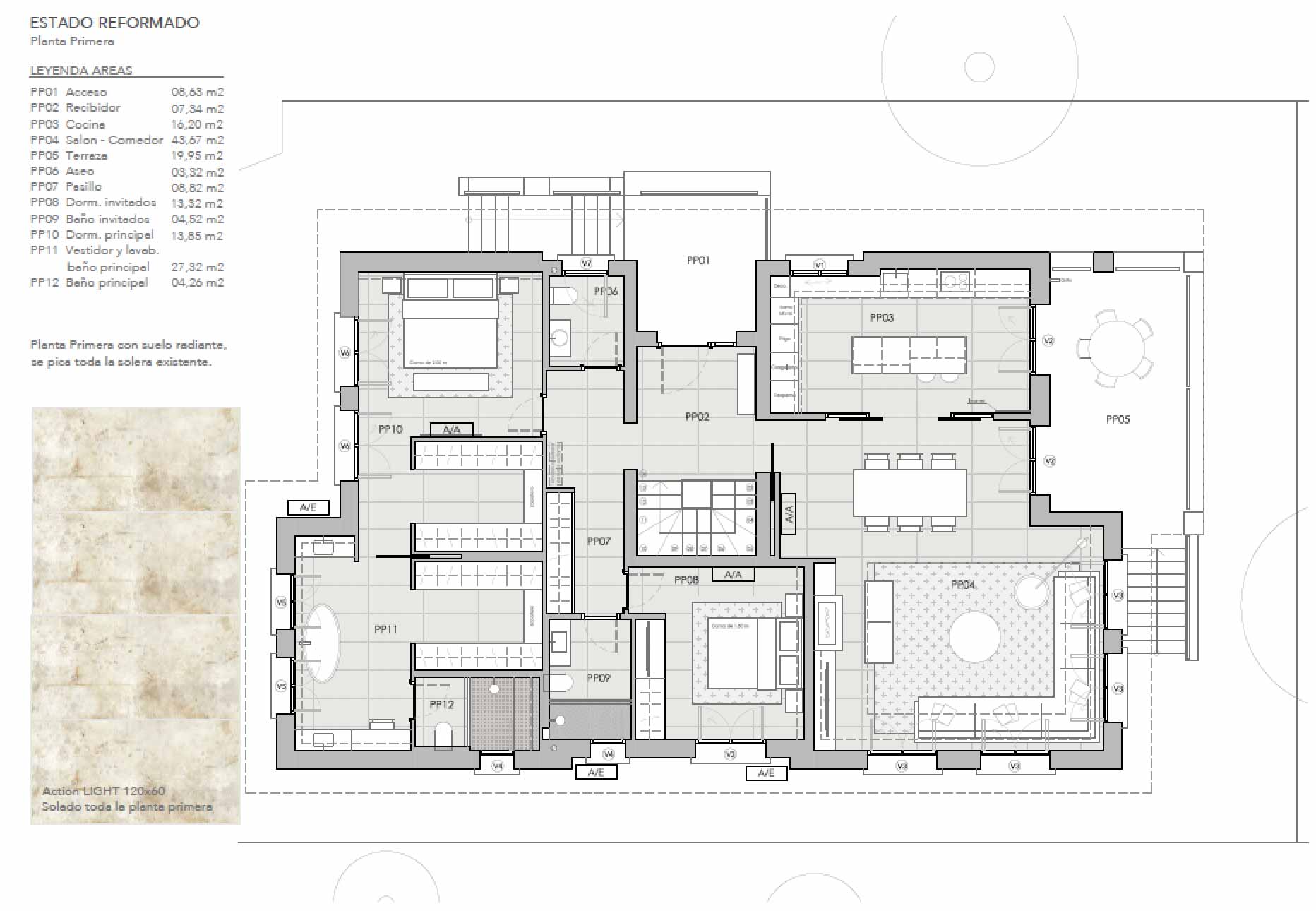 Plano del estado reformado de un chalet en La Cabaña, Pozuelo de Alarcón, con cocina, salón comedor, terraza y dormitorios en suite