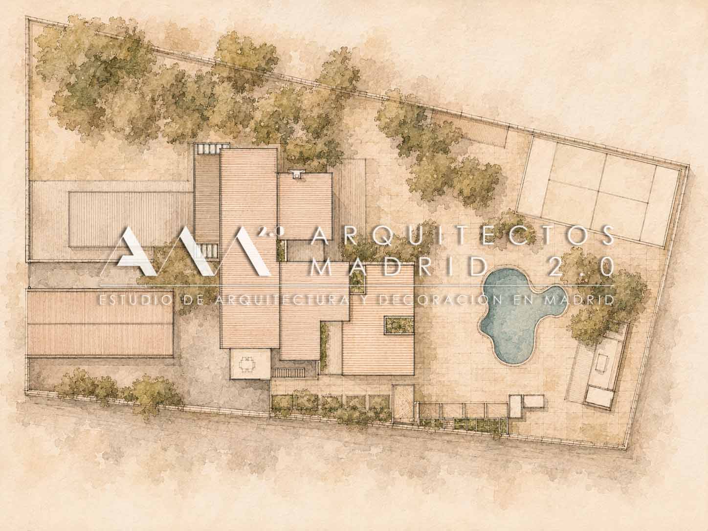 Plano de implantación de un proyecto residencial con vivienda, parcela, arbolado, piscina y espacios exteriores