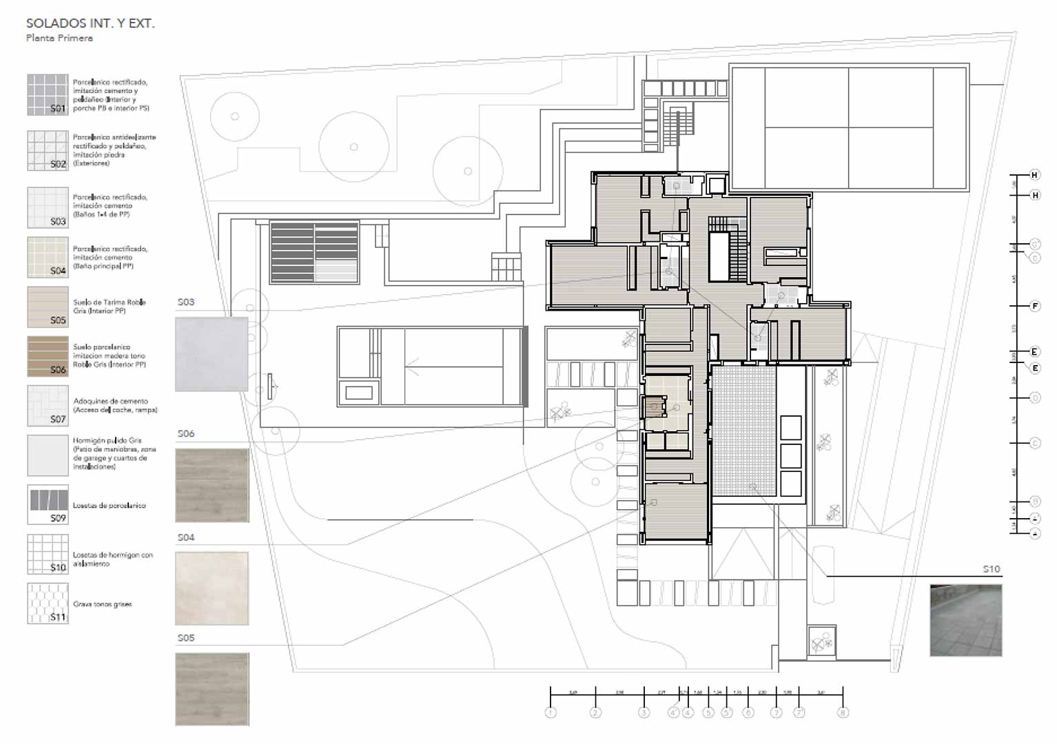 Plano de solados interiores y exteriores de un proyecto de reforma integral en Somosaguas, Pozuelo de Alarcón